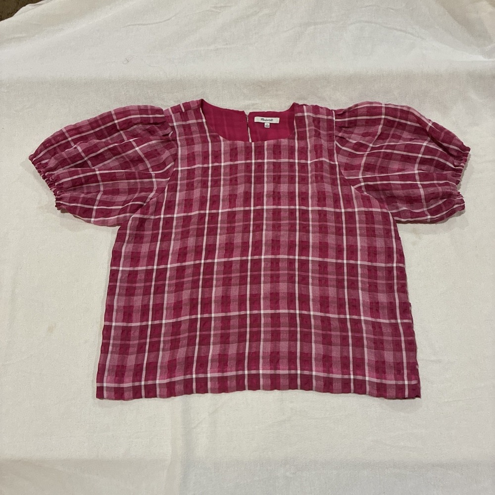 Madewell Women's Top Large Pink Plaid Picnic Puff Sleeves Azalea Cottagecore
